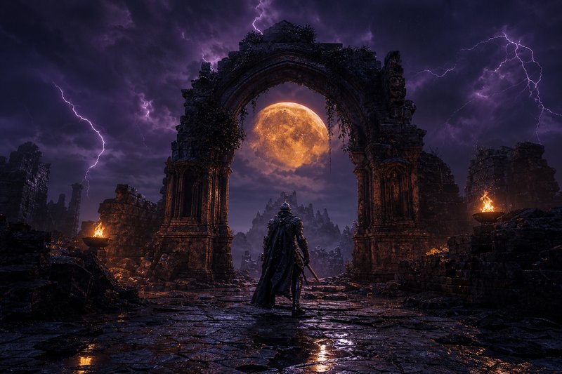 Elden Ring Nightreign — rovine di un castello oscuro sotto una luna ambrata, guerriero in armatura alla soglia