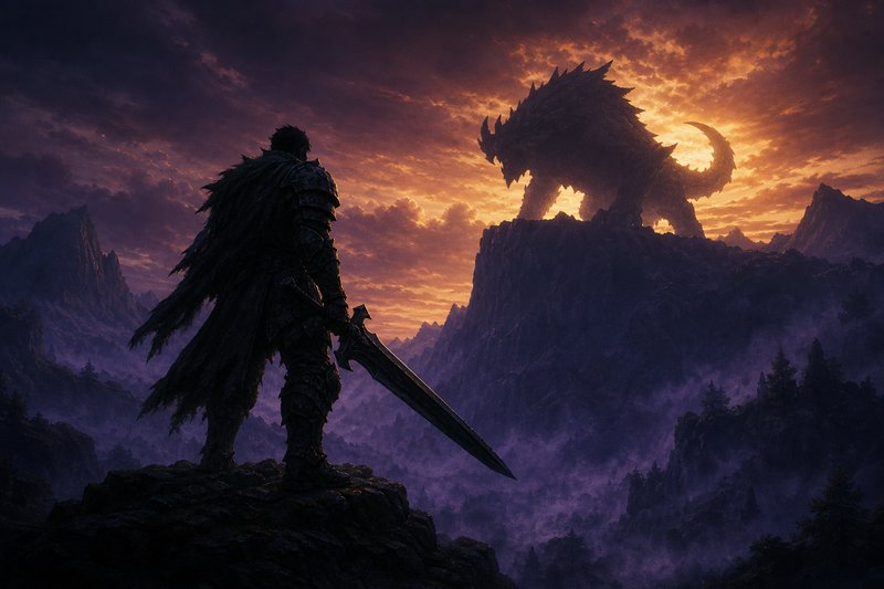 Cacciatore in armatura che affronta una creatura colossale al tramonto — Monster Hunter Wilds