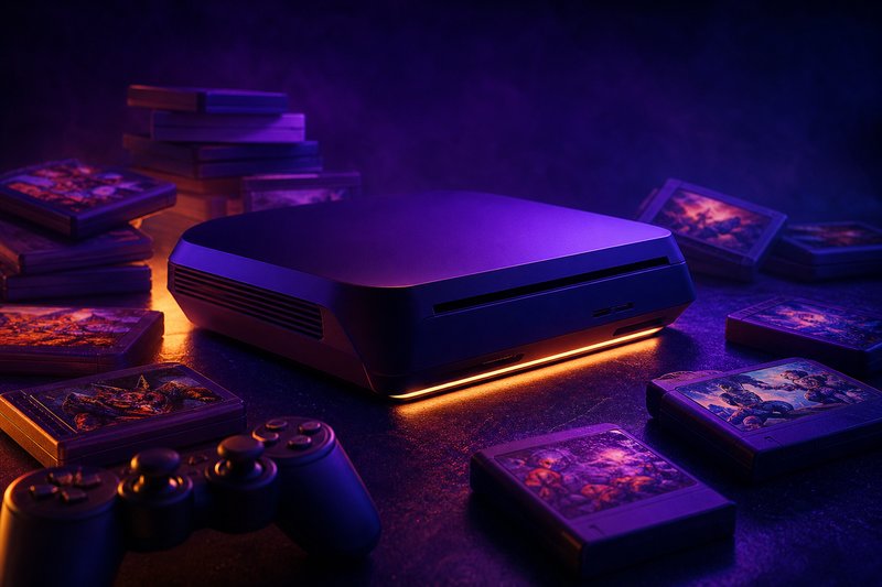 Nintendo Switch 2 con cartucce di gioco su superficie scura — illuminazione viola e ambra